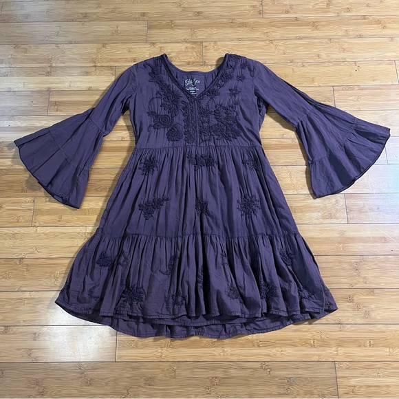 Kyla Seo Dresses & Skirts - Kyla Seo Ula Bell Sleeve Embroidered Cotton Whimsigoth Mini Dress - Oxblood